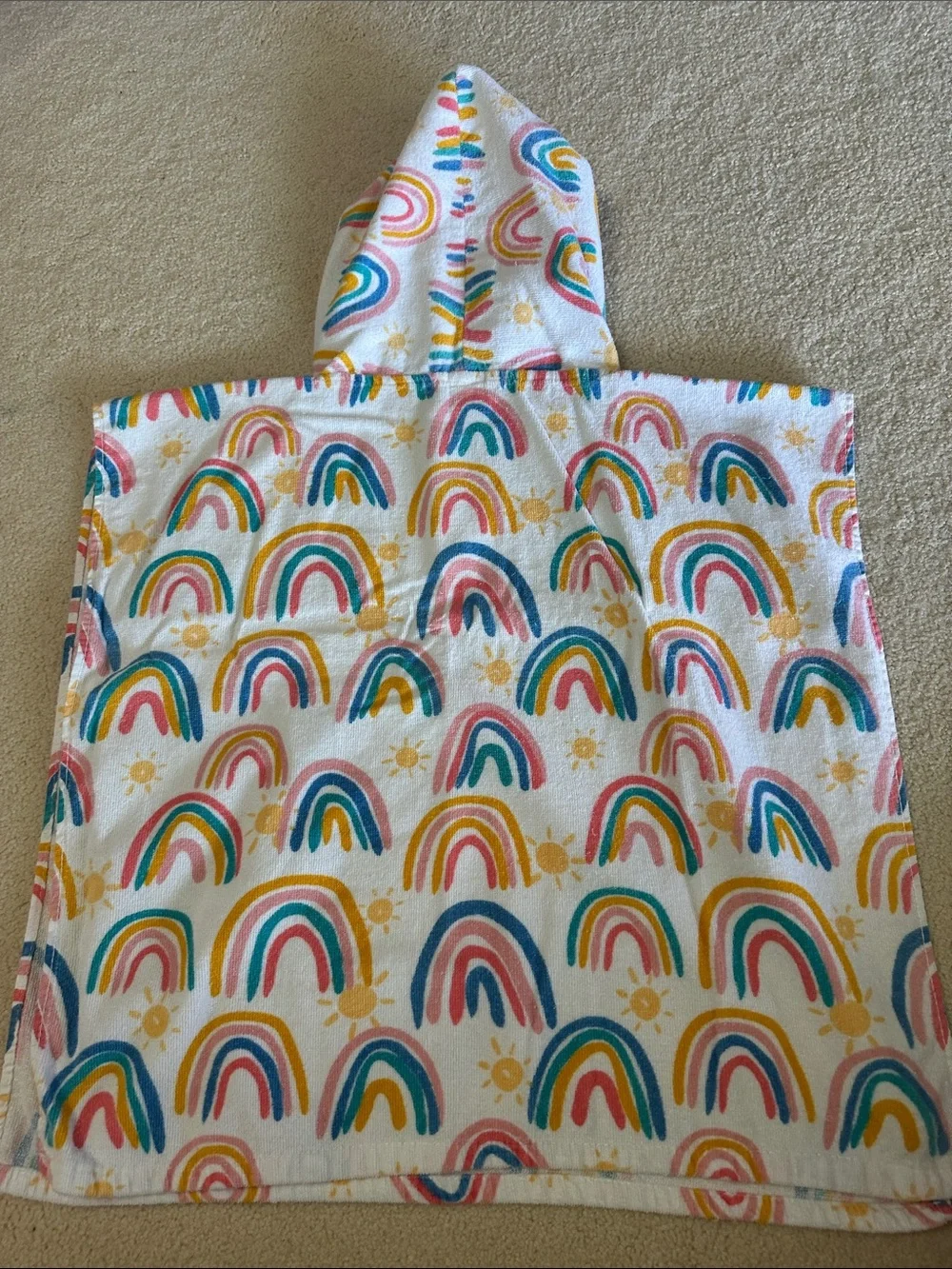 Kids Hooded Beach Poncho - White with Multicolor Rainbows and pink floral